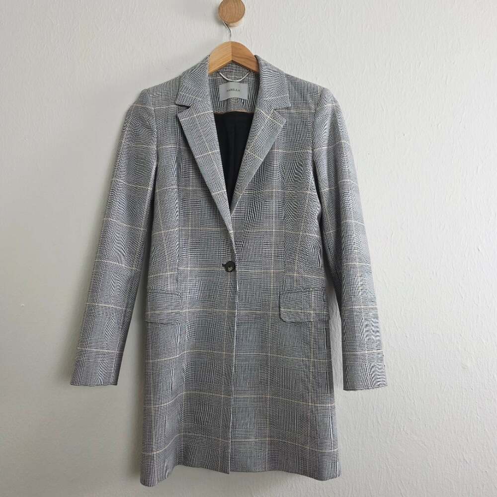 Marella Wool Blend Houndstooth Blazer Coat Grey Plaid Belted Longline Jacket 6